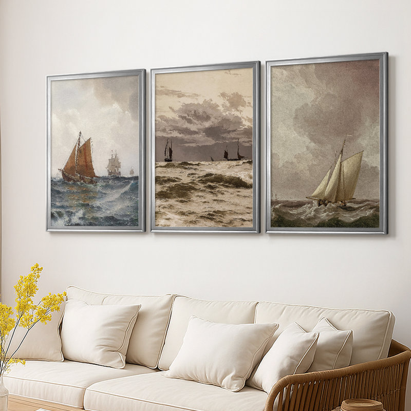 Paysage rétro CCxxv - Toile tendue avec châssis sur mesure - 3 pièces, Argent argent, H 27 po x l 39 po