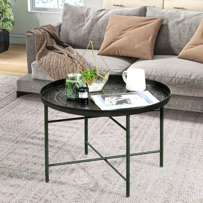 Table basse ronde de 24 po avec plateau martelé, table centrale en métal rétro pour le salon, la chambre à coucher, la table d'appoint, noir