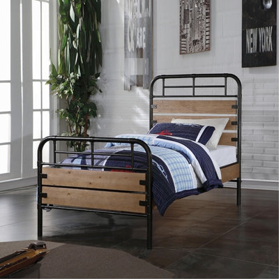 Lit simple à panneau simple avec structure en métal et panneaux de bois, sommier tapissier, profil bas, 6 lattes, bois de pin neuf, contreplaqué, métal, couleur chêne, 77,6 po de profondeur, 42,69 de largeur, 50,62 de hauteur, 70,85 lb de poids, 10 po