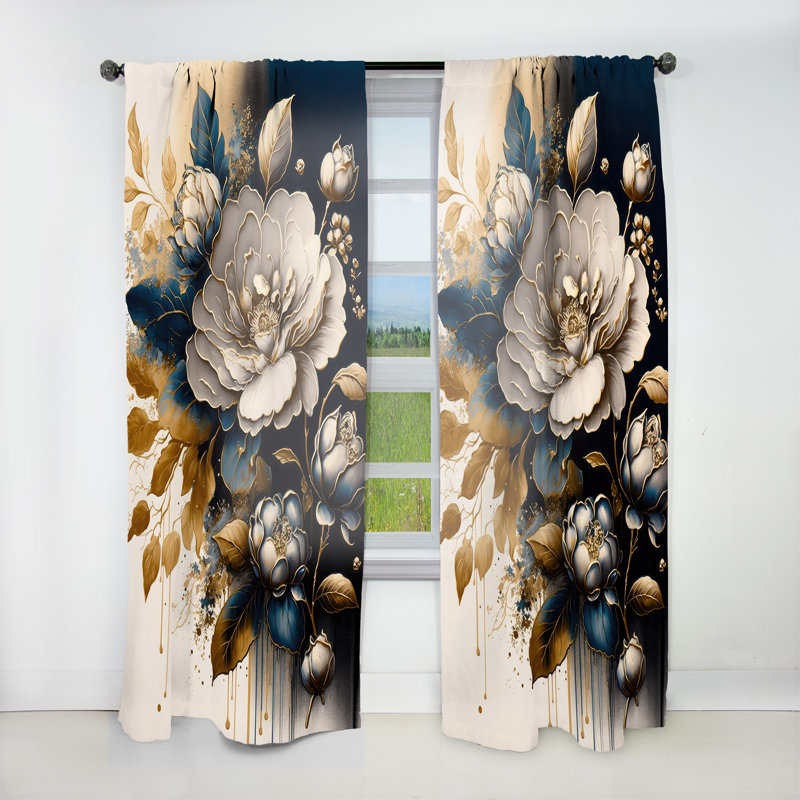 Noir et doré Camellia Bouquet I - Rideau en velours floral - 1 panneau, L 52 po x L 95 po