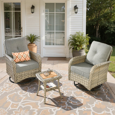 3-Piece All-Weather Wicker Swivel Rocking Patio Chair Set With Cushions And Side Table