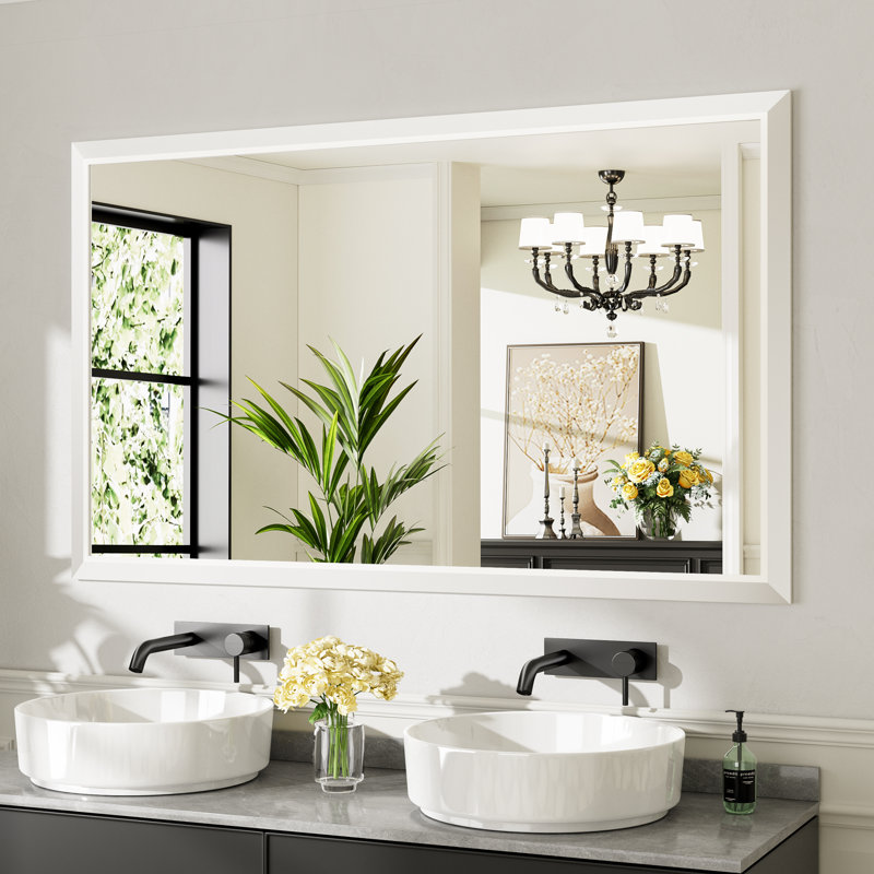Miroirs de salle de bain modernes et contemporains en métal biseauté rectangulaire / carré avec verre trempé HD, Blanc