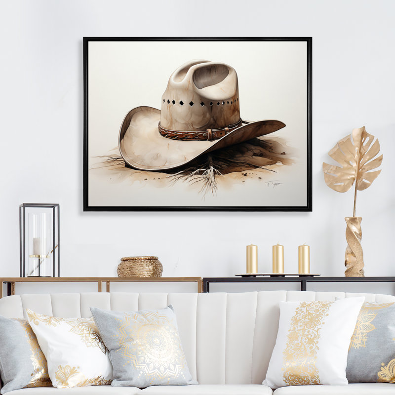 Chapeau de cowboy style minimaliste V - Cowboys, art mural de salon, Cadre flottant noir, H 30 po x l 40 po x P 1,5 po