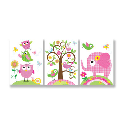 Ensemble de 3 plaques murales Emery Owls, Elephants and Birds Triptych