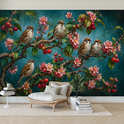 Wall Mural Peel and Stick Wallpaper Sparrows Cherry Blossom Branches Red Berries Pink Flowers Self-Adhesive Removable Contact Paper Wall Decor for Living Room Bedroom 100"H x 144"W