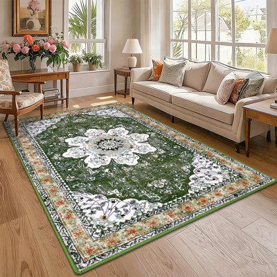 Machine Washable Non-Slip Green Oriental Area Rug