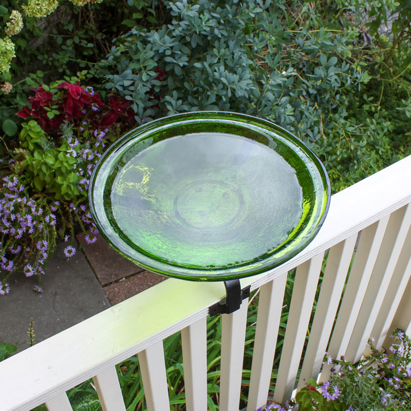 Fern Green Crackle Glass Birdbath with Wrought Iron Bracket