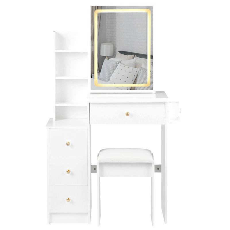 Small Size Left Drawer Desktop Vanity Table + Cushioned Stool, 2 AC+2 USB Power Station, Hair Dryer Bracket, Extra Large Touch Control Sliding LED Mirror, Tri-Color Switching, EPA,GCC,UL Certificate