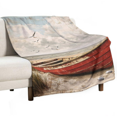 Jeté en flanelle de luxe, bateau rouge sur les mouettes de plage volantes, couverture douce et chaude pour le canapé-lit du salon