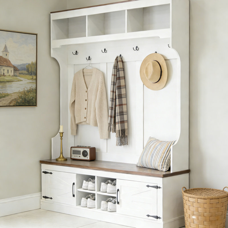 Banc d'arbre de ferme 5 en 1 avec rangement pour chaussures, portemanteaux et crochets, Blanc
