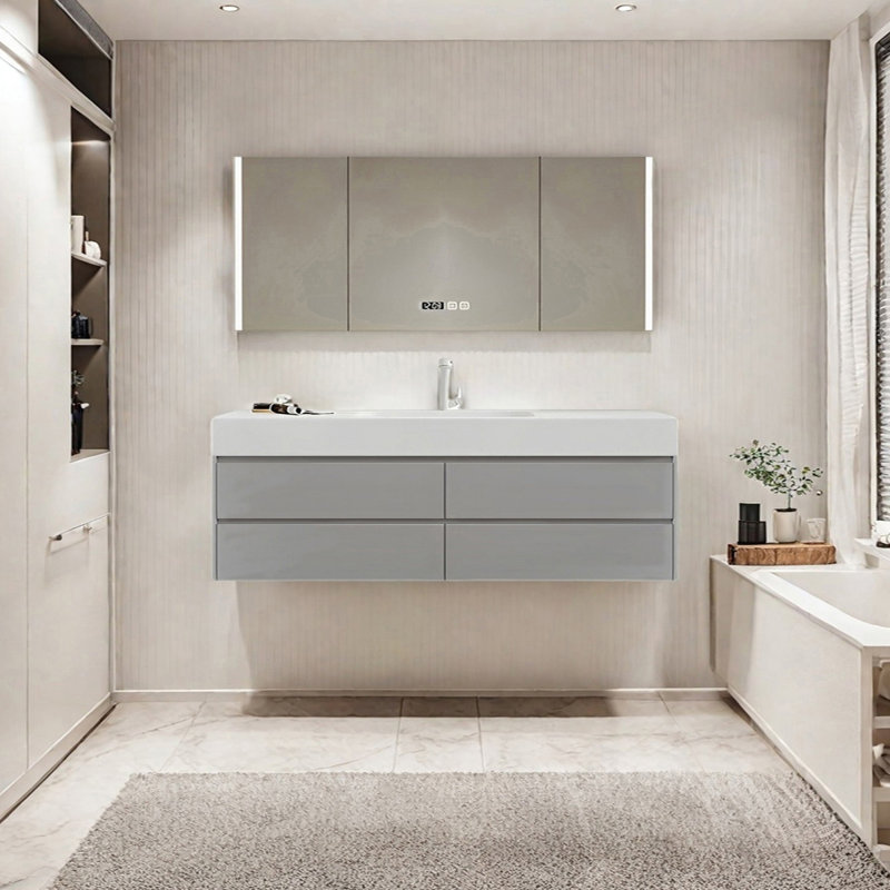 Armoire de salle de bain crème, H 19,68 po x l 62,99 po x P 21,65 po, Gris clair