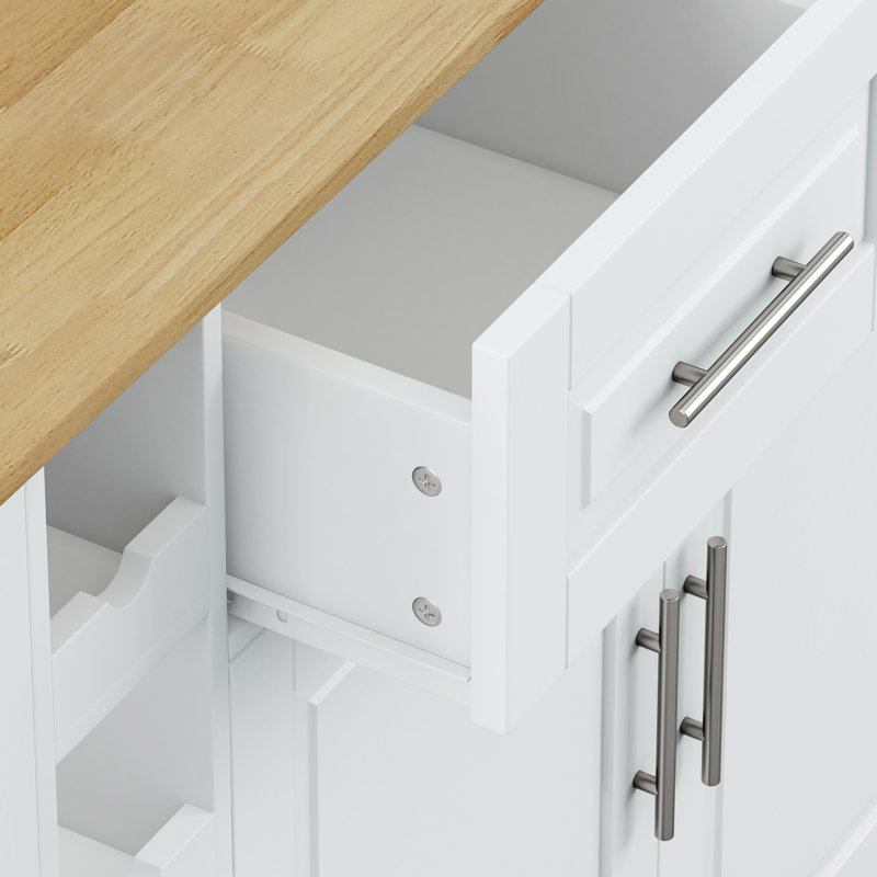 Îlot de cuisine blanc avec 2 armoires, tiroirs, étagère à épices pratique, porte-serviettes, plateau de table en bois d'hévéa Marvelous Essential Essential Graceful
