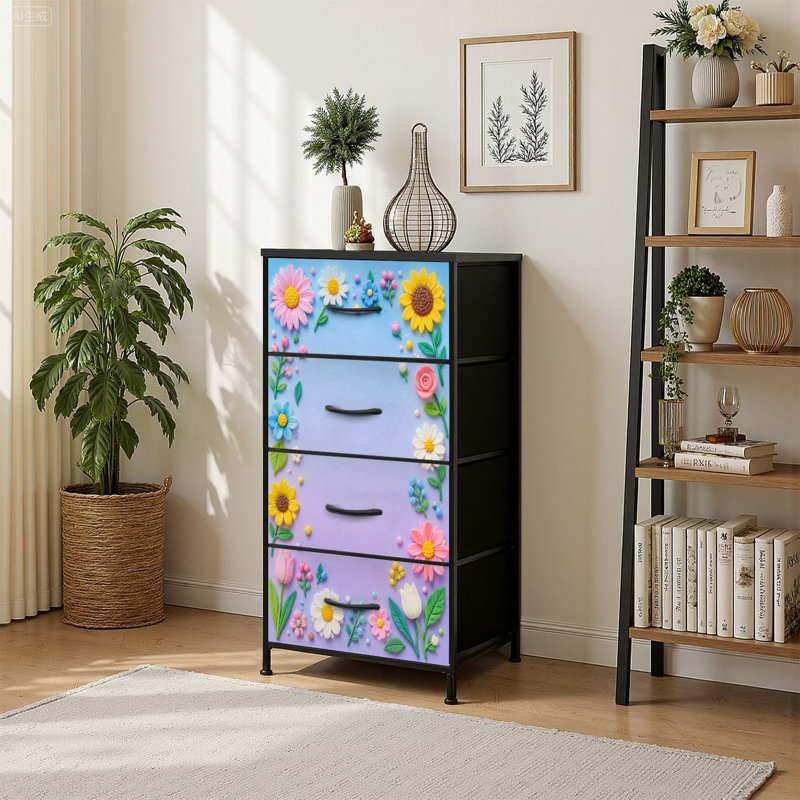 Commode de rangement verticale 4 tiroirs avec bordure florale et fleurs en argile colorées