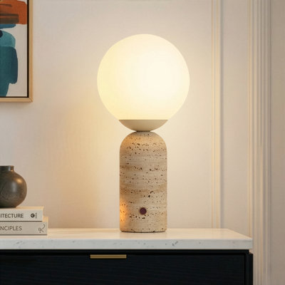 Mila Tall 15" Modern Travertine LED Table Lamp with Frosted Glass Globe Shade