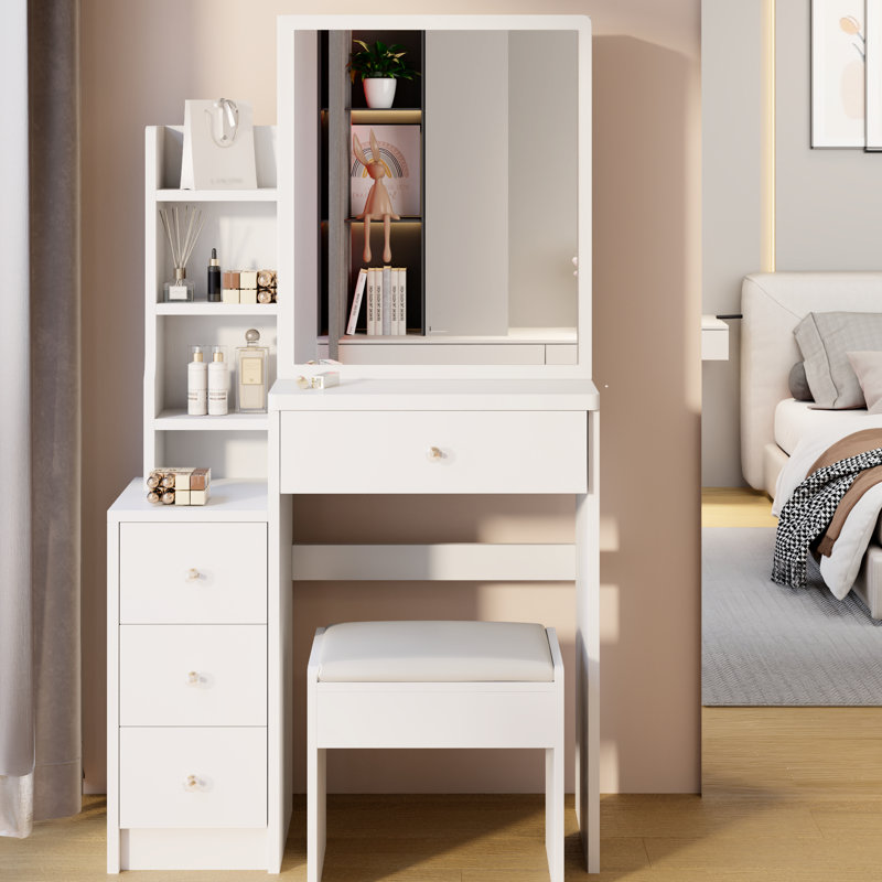 Petit meuble-lavabo et tabouret à la mode avec rangement rembourré et grande capacité