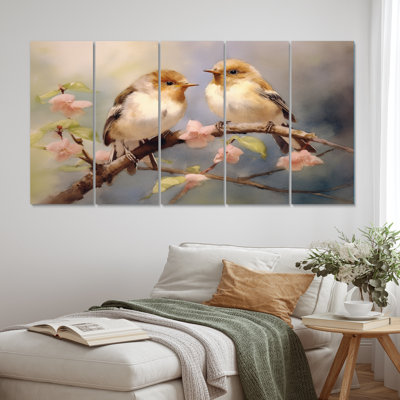 Oiseau moineau beige III - décoration murale animaux - 5 panneaux égaux