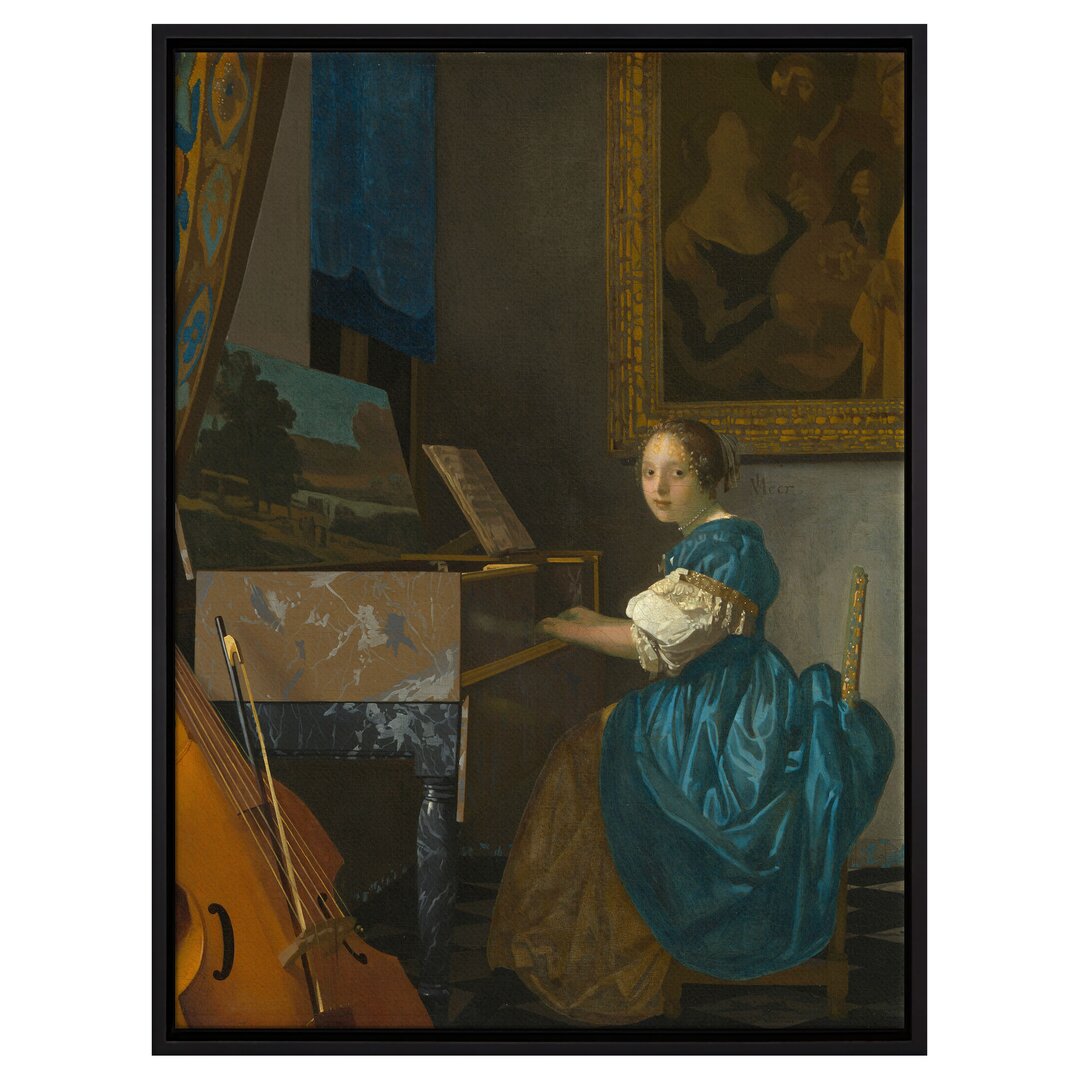 Gerahmter Kunstdruck Leinwandbild Eine junge Frau, am Virginal sitzend von Johannes Vermeer