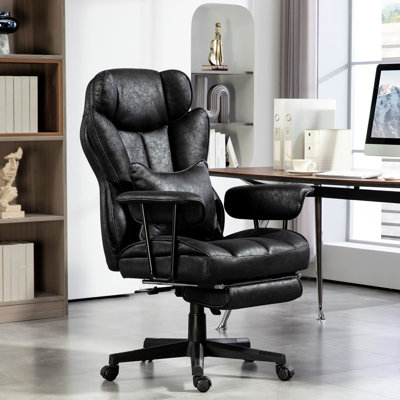 Chaise de bureau réglable avec 3 niveaux de chaleur lombaire, vibration, repose-pieds, microfibre, noir, dossier inclinable pour des niveaux de relaxation et de massage par vibration, soutien supplémentaire