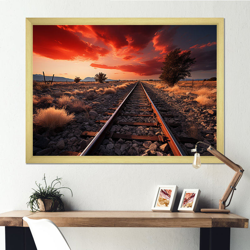 Train Tracks Red Scenery - Train Wall Art, Gold Picture Framed, 30" H x 40" W x 1.5" D