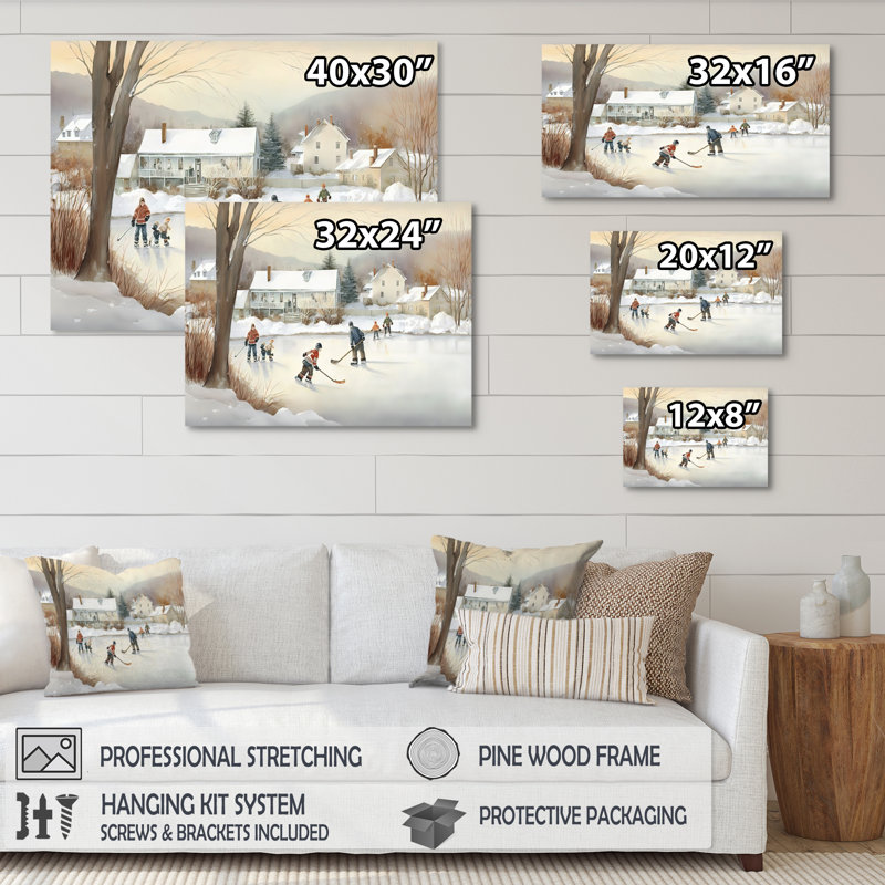 Enfants jouant au hockey en hiver - Décoration murale de hockey sport, H 30 po x l 40 po x P 1,5 po, Toile tendue