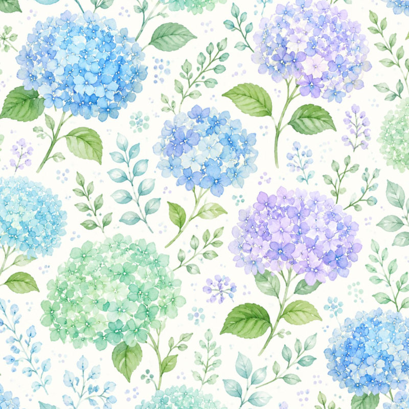 Papier peint auto-adhésif hydrangée bleue à motif floral avec feuilles vertes et aquarelle, L 118,08 po x l 17,7 po