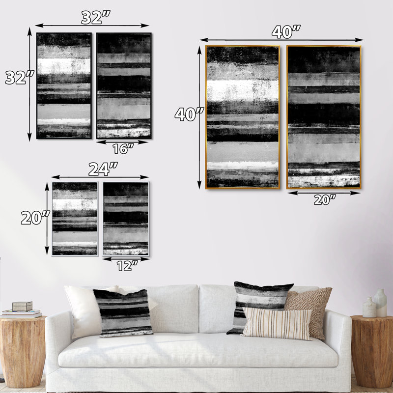 Ensemble de 2 peintures sur toiles - bandes abstraites noires et blanches, H 40 po x l 40 po x P 1 po, Cadre flottant noir