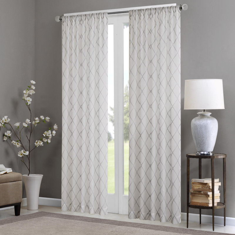 Gray Sheer Embroidered Diamond Rod Pocket Curtain Panel