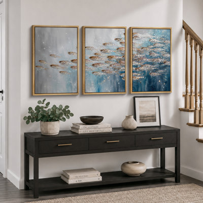 Blue School of Fish Ocean Artwork, Bathroom Pictures, Framed Canvas Giclee Print 3 Pieces Wall Art