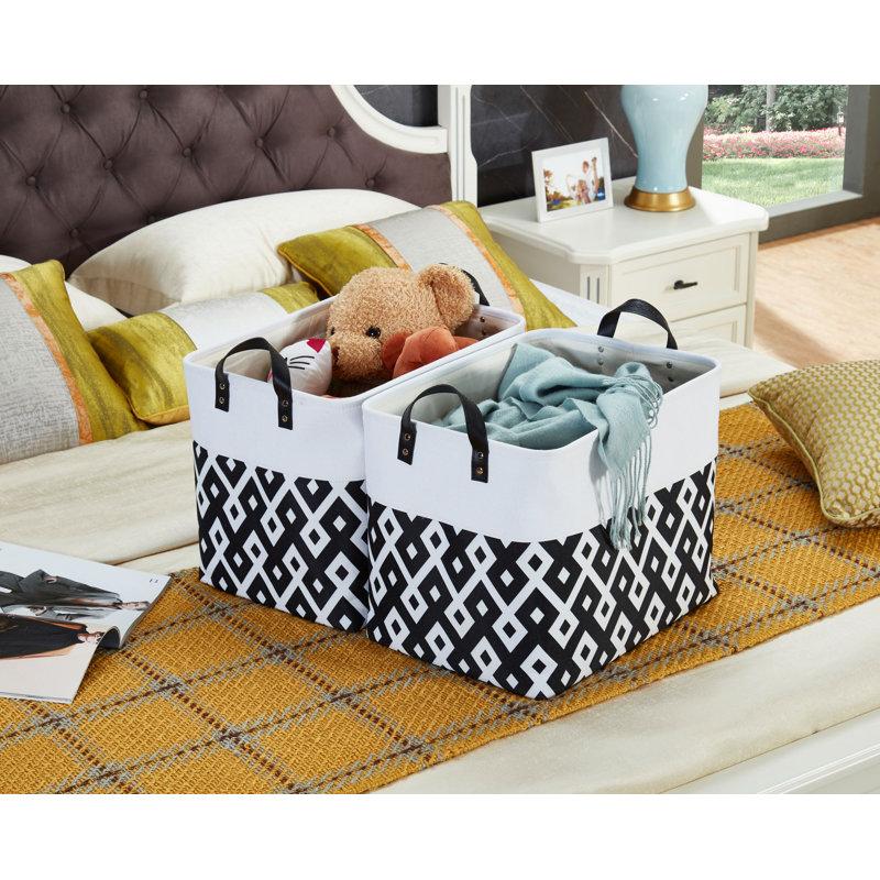 Foldable Storage Bin | Collapsible Sturdy Fabric Storage Basket Container W/Handles, White/Black