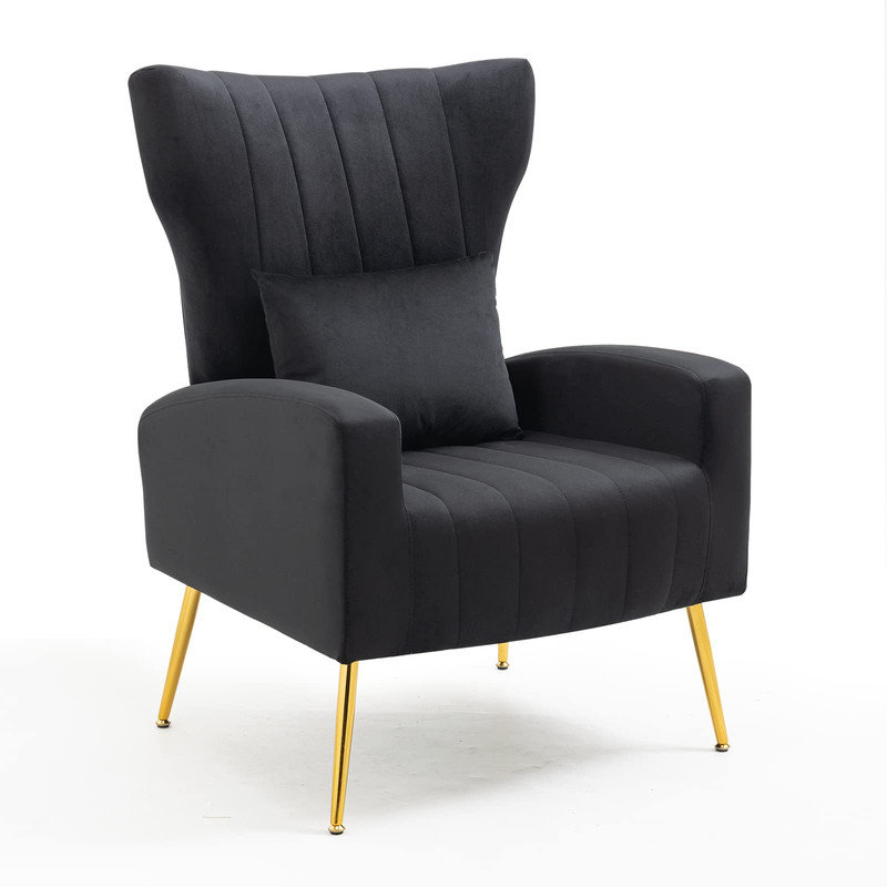 Black Velvet Wingback Accent Chair Set with Gold Legs