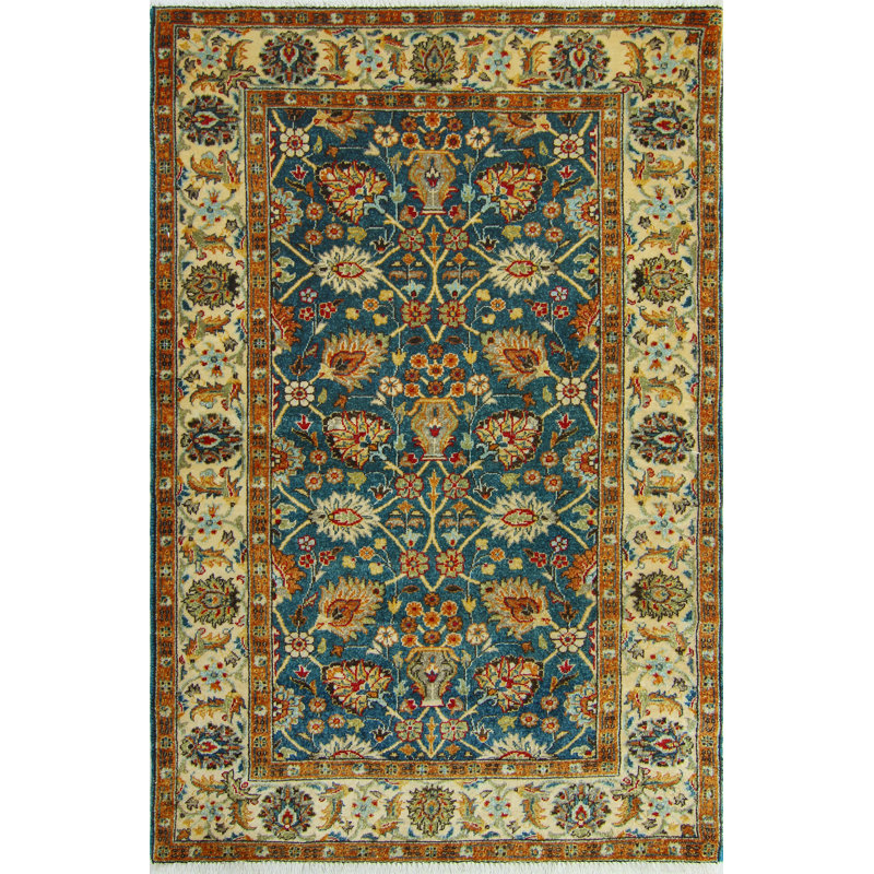 Tapis unique en laine noué à la main bleu / brun 3 pi 2 po x 4 pi 10 po Carlotta