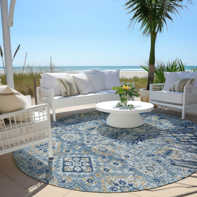 Machine Washable Indoor/Outdoor Xhevrie Denim Rug, Round 8'