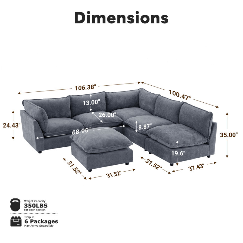 Canapé modulaire surdimensionné à 6 places Annamaria, Blue Grey Chenille