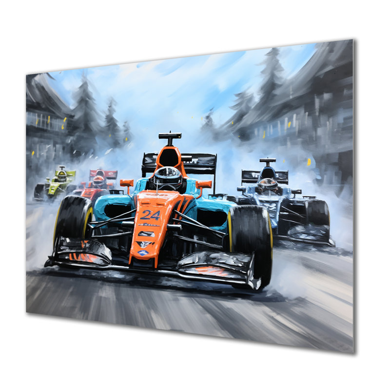 Orange And Blue Formula Car Race Tracks - Race Tracks Metal Wall Art MT135826, 12" H x 20" W x 1" D
