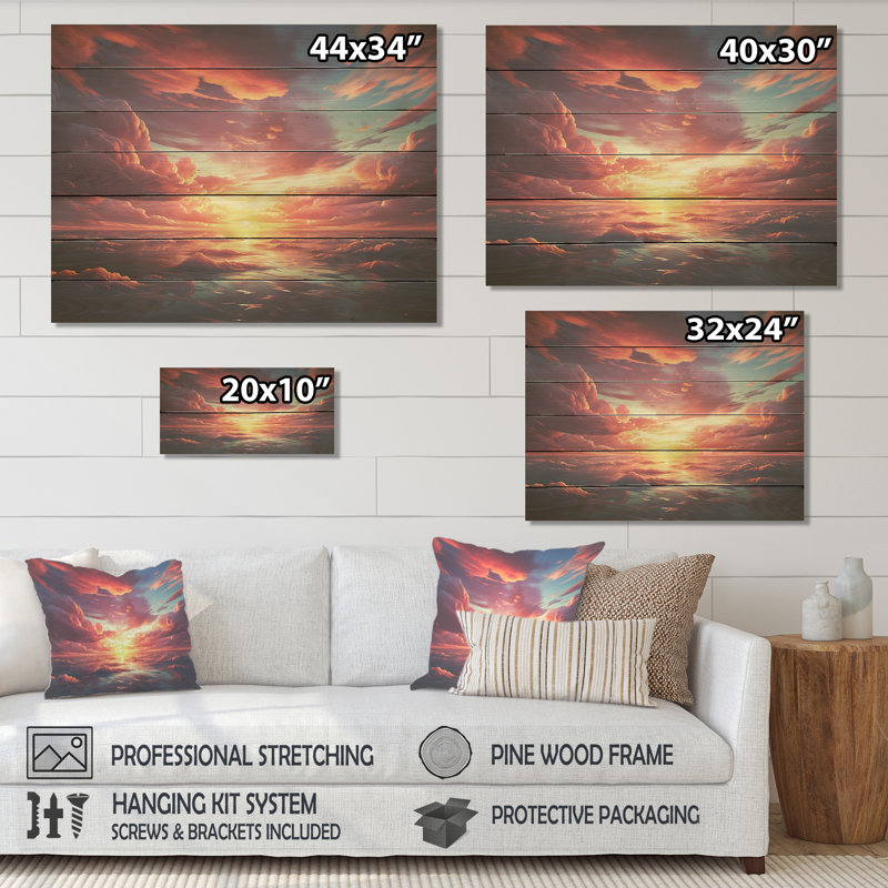 Ciel côtier rose et orange II - Ciel sur bois, H 34 po x l 44 po