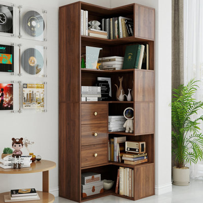 71" H 6-Tier Corner Bookcase with 3 Drawers