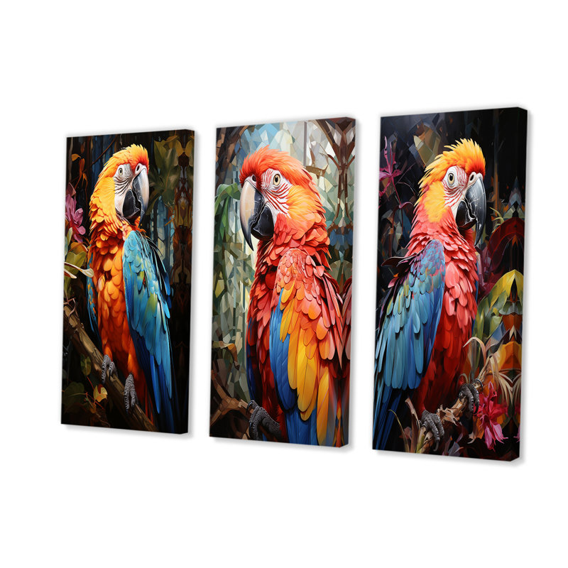 «Parrot Tropical Jungle Euphony», ensemble de 3 impressions sur toile, H 28 po x l 36 po, Toile tendue