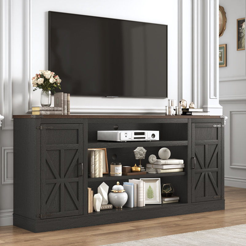 75" Farmhouse Tv Stand With Power Outlets For 75 80 85 Inch Tv, Large Tv Media Console With Storage Cabinets & Adjustable Shelves