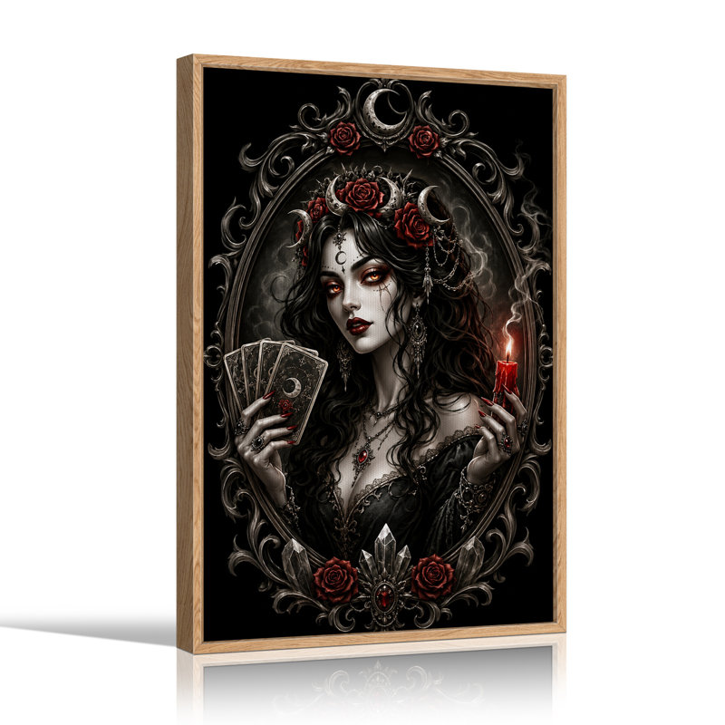 Sorcière avec des cartes de tarot et une bougie rouge, art mural d'Halloween, H 36 po x l 24 po