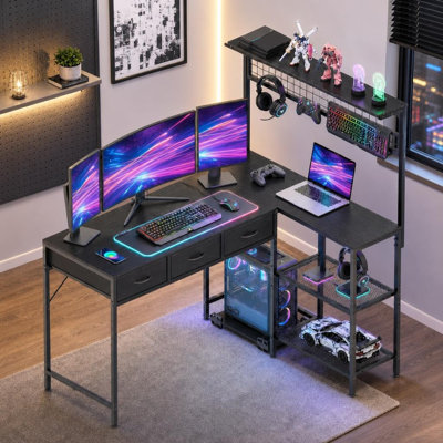 50.4" l-Shaped Gaming Desk, Reversible Corner Computer Desk with LED Lights, Power Outlets, Drawer and Hutch for Home Office