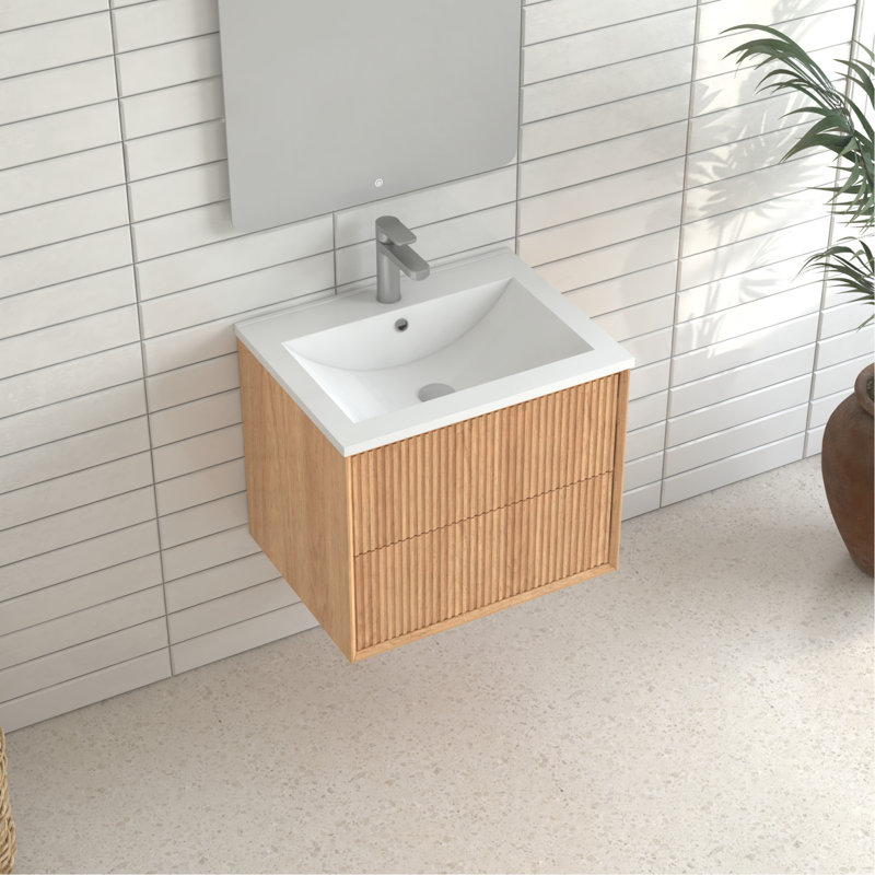 Meuble-lavabo flottant 24 po en bois massif, fixé au mur avec 2 tiroirs de rangement, lavabo intégré en résine blanche, design américain, meuble-lavabo de 19,18 po de hauteur