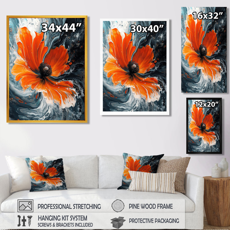 Fleur de coquelicot peinte rouge - salon d'art mural coquelicot, H 20 po x l 12 po, Cadre flottant doré, bois massif