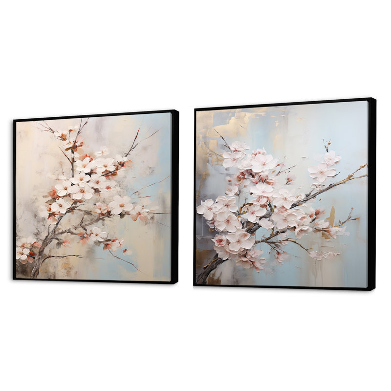 Minimalisme - Ensemble de 2 cerisiers en fleurs roses et blanches, Cadre flottant noir, H 36 po x l 73 po