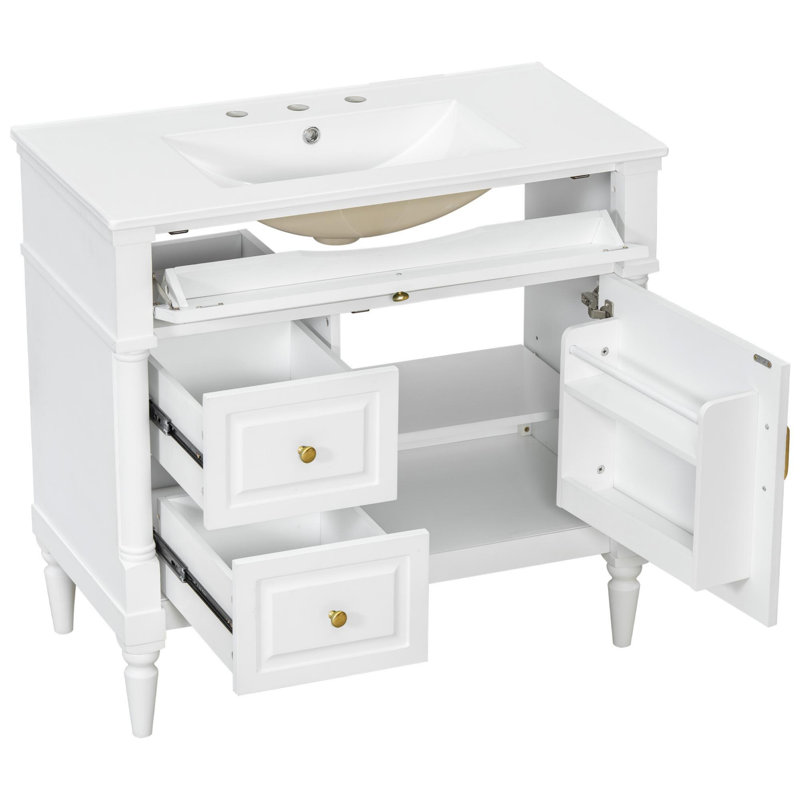 Meuble-lavabo autoportant de 36 po avec lavabo en céramique, tiroirs rabattables et tablettes réglables, Blanc