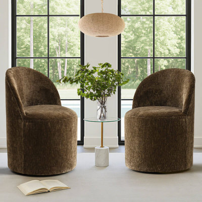 Small Chenille Upholstered Barrel Swivel Chair With Hidden Casters