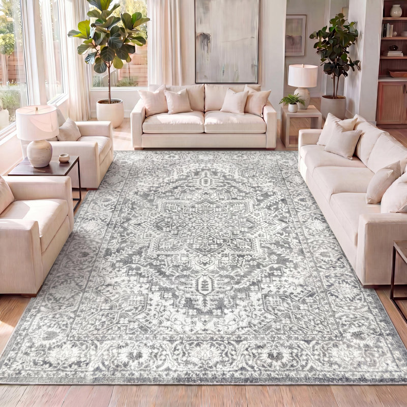 Tapis moderne gris clair avec médaillon perse rétro Blane, Rectangle 7 pi 9 po x 10 pi