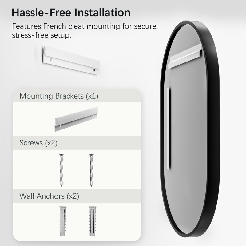 Matte Black Oval Vanity Mirror with Aluminum Alloy Frame, HD Tempered Glass, French Cleat Mounted Wall Decor Bathroom Vanity Mirror