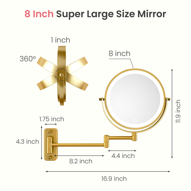 Metal Wall Mounted 8" Led Makeup Mirror With Magnification, 3 Color Led Lights Makeup Mirror, 10x, Gold