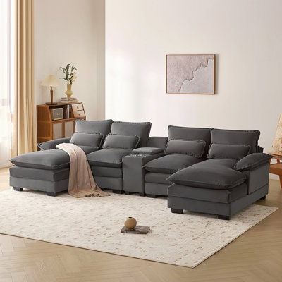 123*55" Modern U-Shaped Sofa With Console,Cupholders And USB Ports,6-Seat Upholstered Symmetrical Indoor Furniture,Sleeper Couch Set With Chaise For Living Room,Apartment,2 Colors