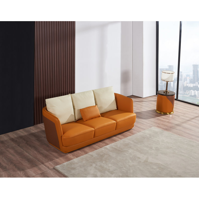 3 Pieces Glamour Sofa Set Tan-brown Italian Leather, Orange/Brown Genuine Leather
